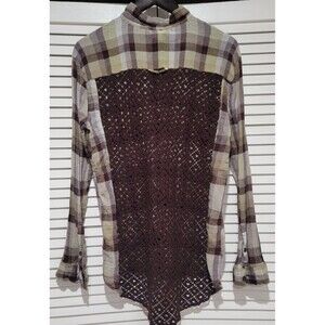 We The Free Flannel Long Sleeve Shirt Large Distressed Western Gauzy Knit Sheer